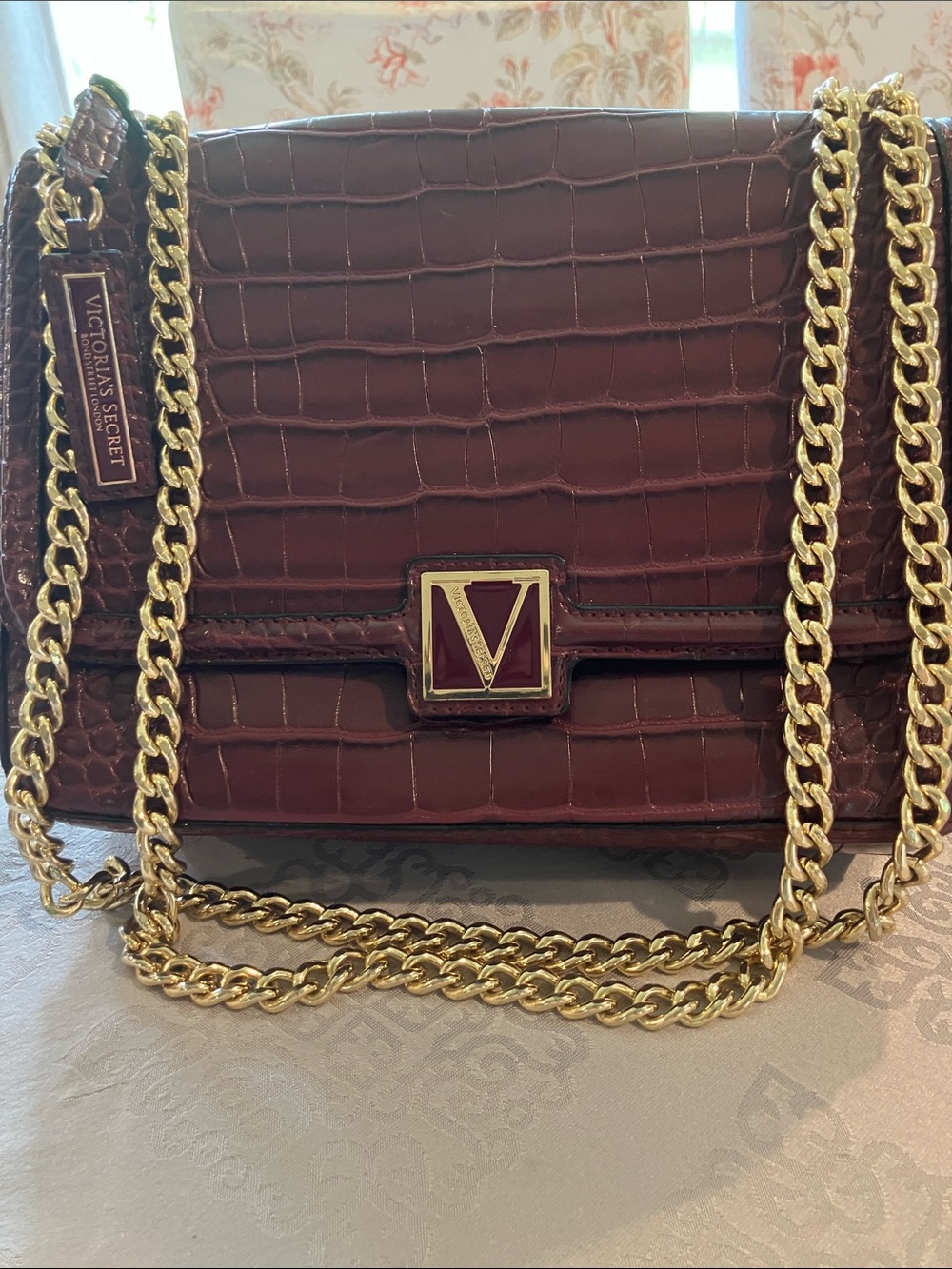 Victoria's Secret Deep Burgundy Croc-Embossed Chain Crossbody Bag
